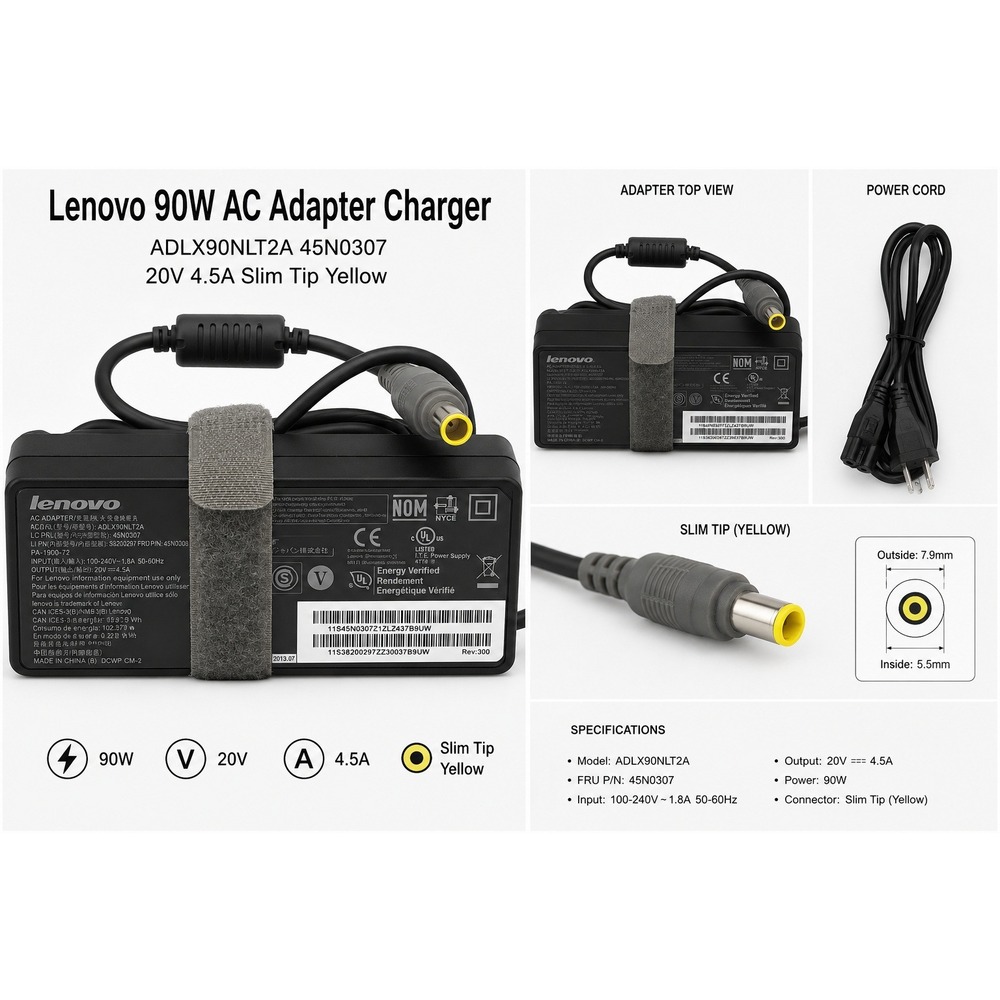 Lenovo 90W AC Adapter Charger ADLX90NLT2A 45N0307 20V 4.5A Slim Tip Yellow Black